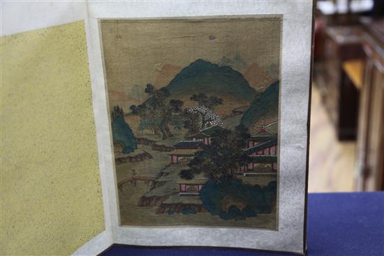 An album of twelve Chinese paintings on silk, c.1900, 36cm x 26cm